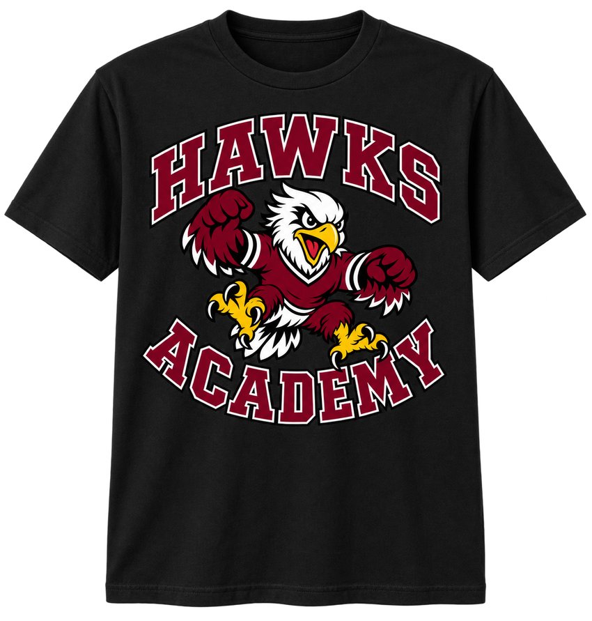 Hawks Academy Mascot T Shirt with arched Hawks Academy lettering and the original hawk mascot