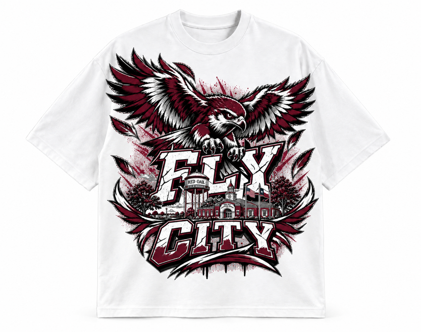 Fly City Red Oak tee with a detailed soaring hawk and Red Oak city artwork