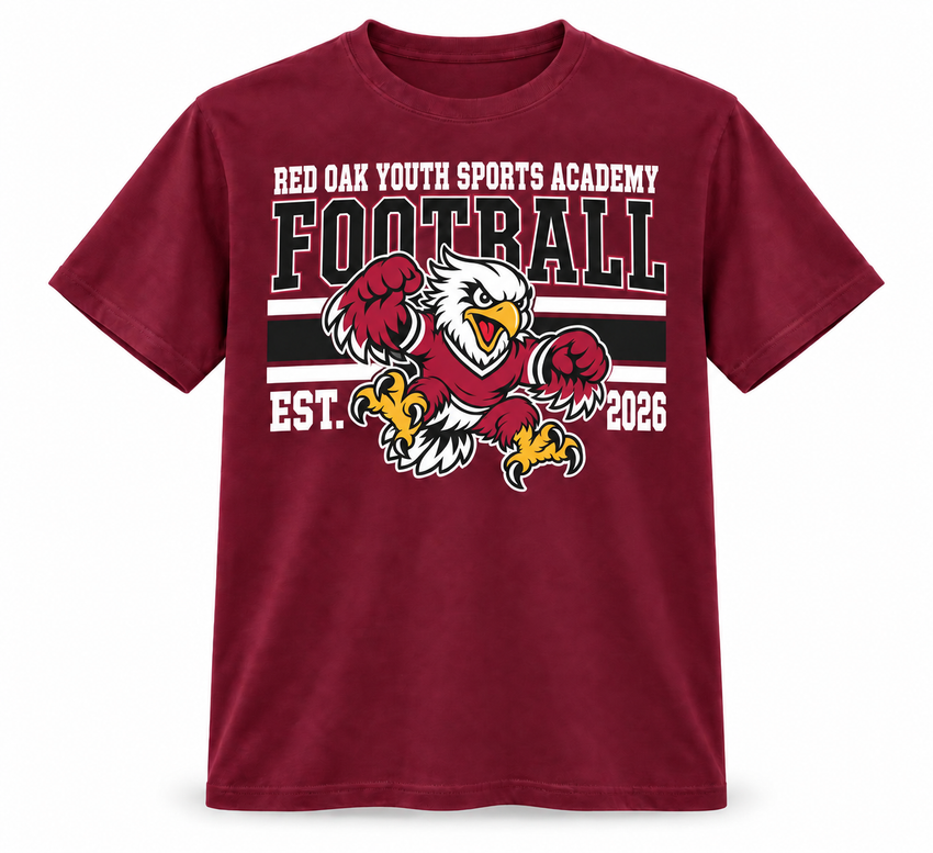 Football Fan T Shirt with varsity football lettering, hawk mascot, and EST. 2026 artwork
